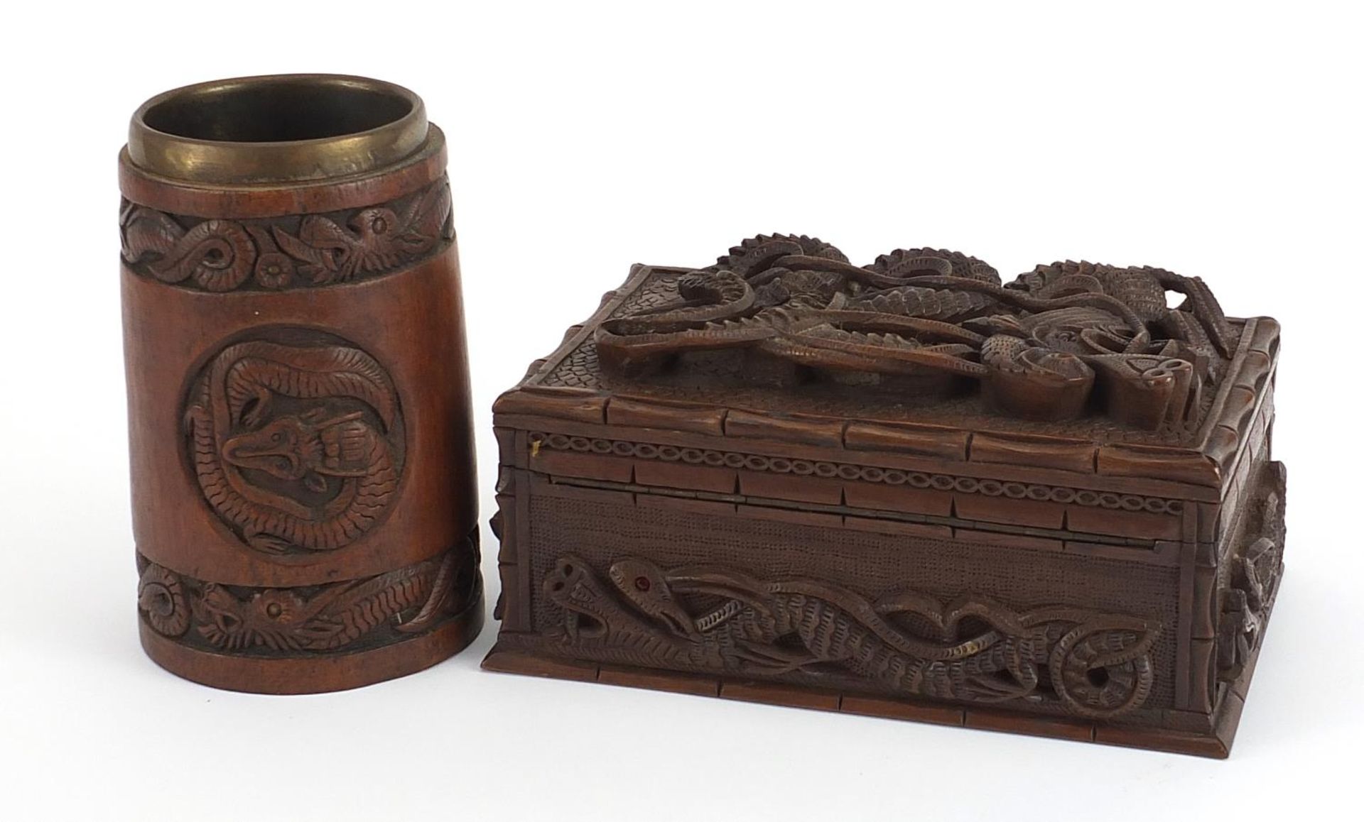 Chinese hardwood casket deeply carved with a dragon together with a similar tankard, the largest - Image 3 of 4