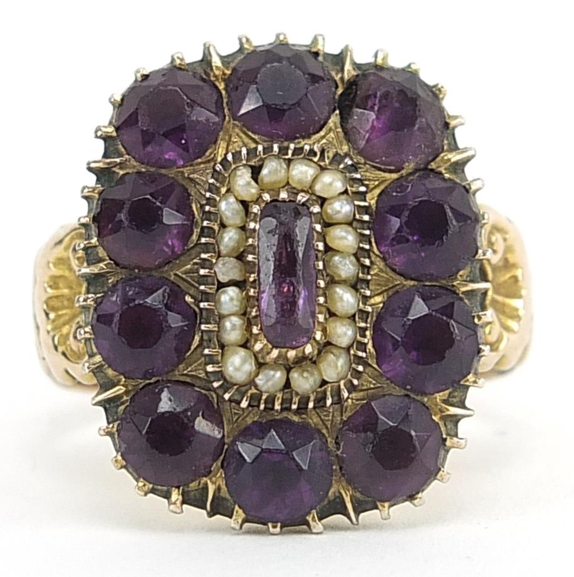 Antique gold, amethyst and seed pearl cluster ring, the shank marked 9ct gold Birmingham 1895,
