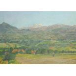 Continental mountainous landscape with villas, oil on board, mounted and framed, 64cm x 45cm