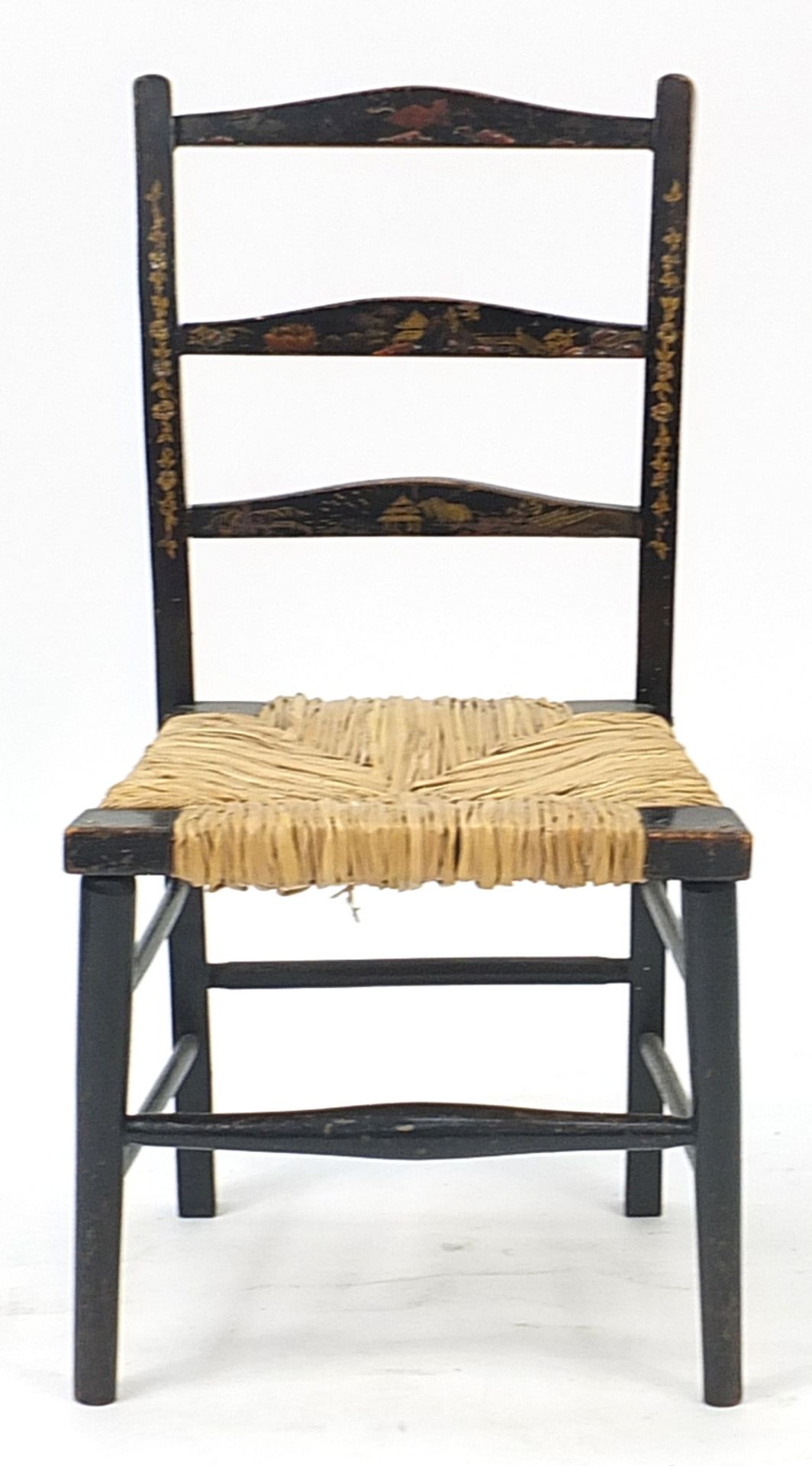 Chinese black lacquered chinoiserie child's chair with wicker seat, 63cm high - Image 2 of 4