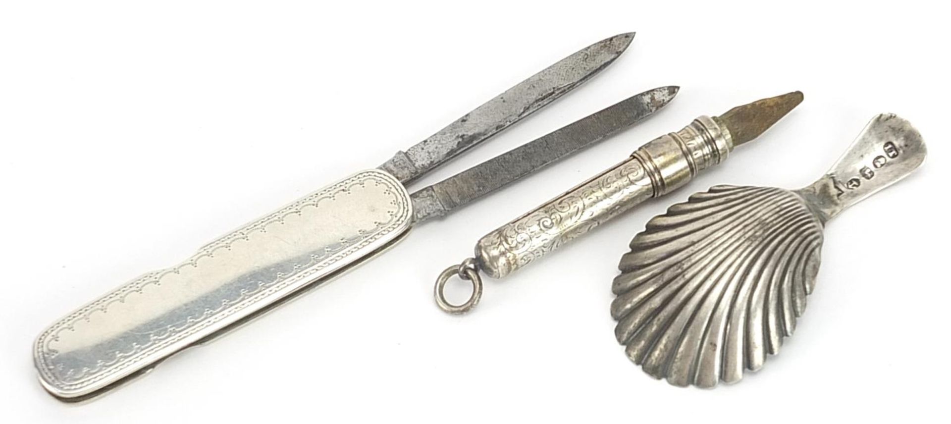 Silver objects comprising Georgian shell shaped caddy spoon, S Mordan & Co propelling pencil and - Image 2 of 3