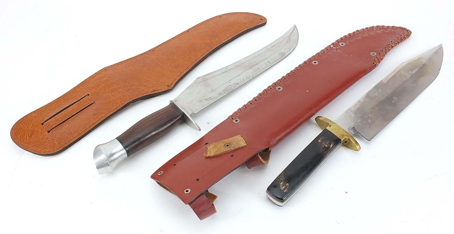 Two Bowie knives with leather sheaths including one with horn handle, impressed Bexfield of - Image 2 of 4
