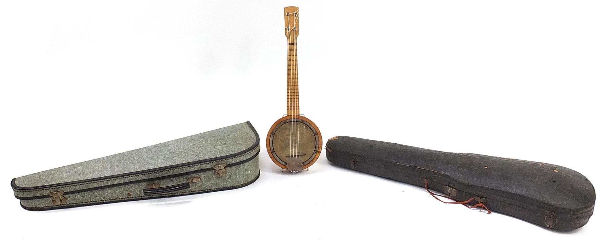 Two old wooden violins with bows and fitted cases and a Marseille banjolele - Image 5 of 5