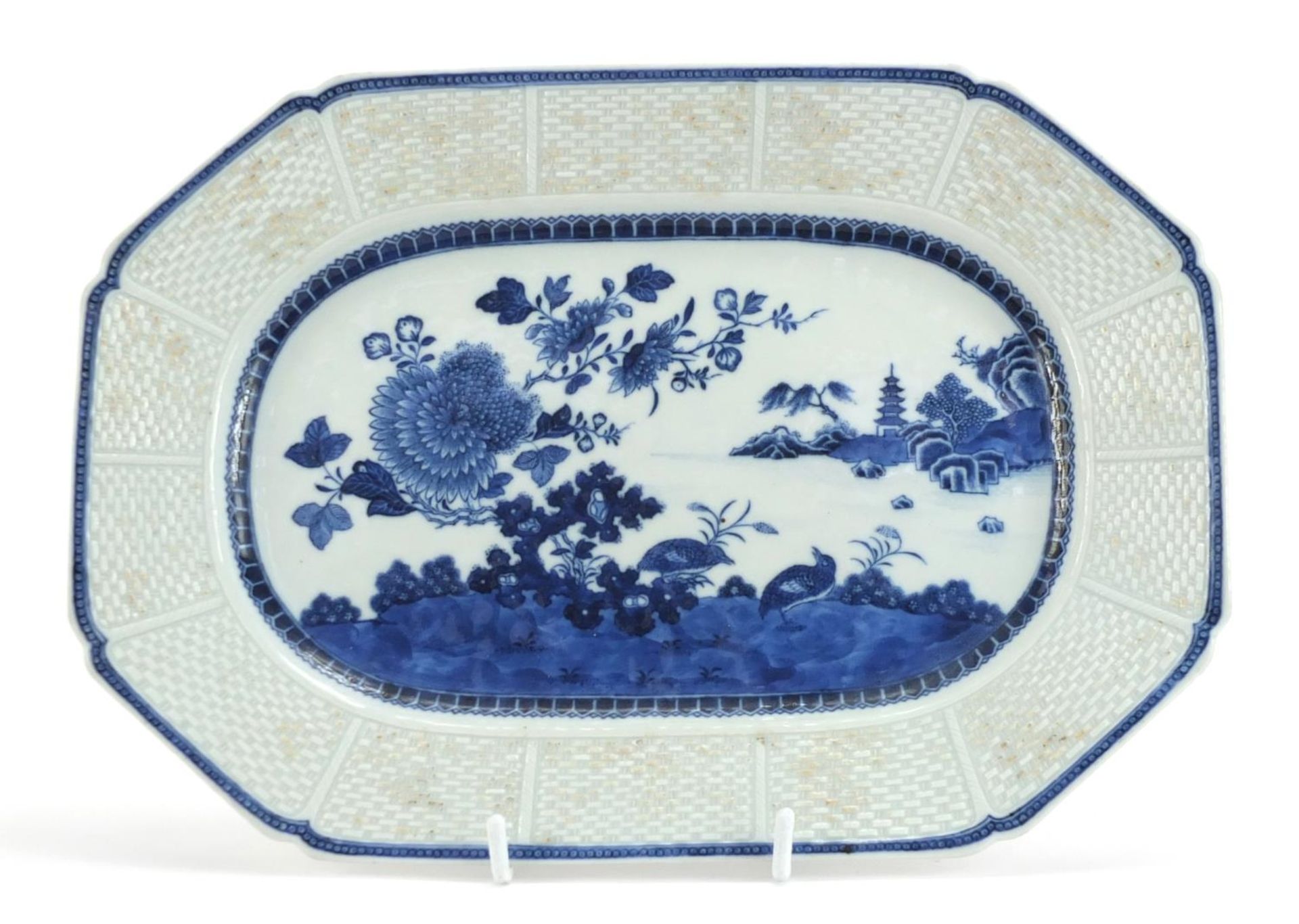 Chinese blue and white porcelain platter hand painted with flowers before water and a pagoda, 28cm