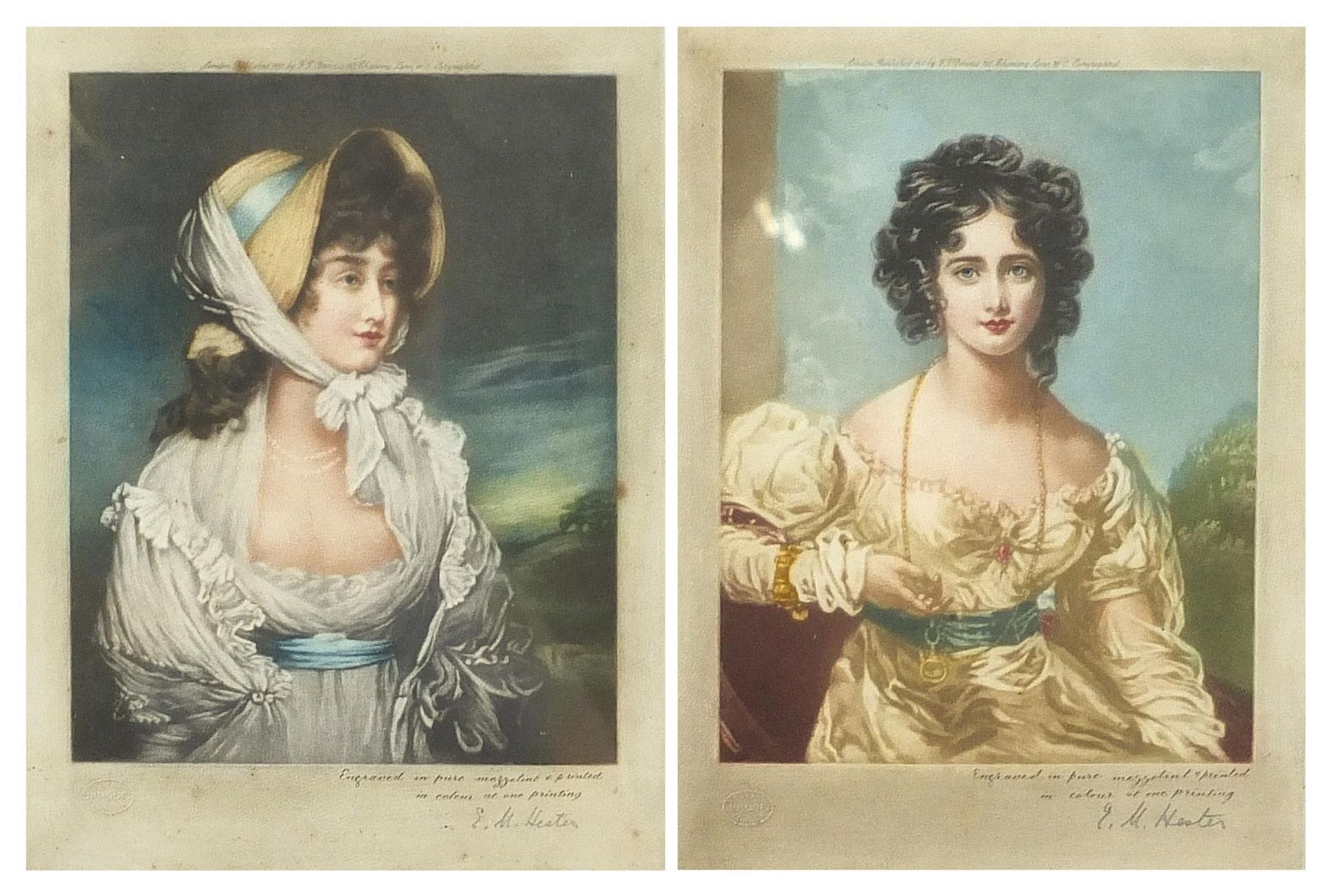 E M Hester - Miss Byng and Miss Crocker, pair of pencil signed mezzotints in colour, one after Sir