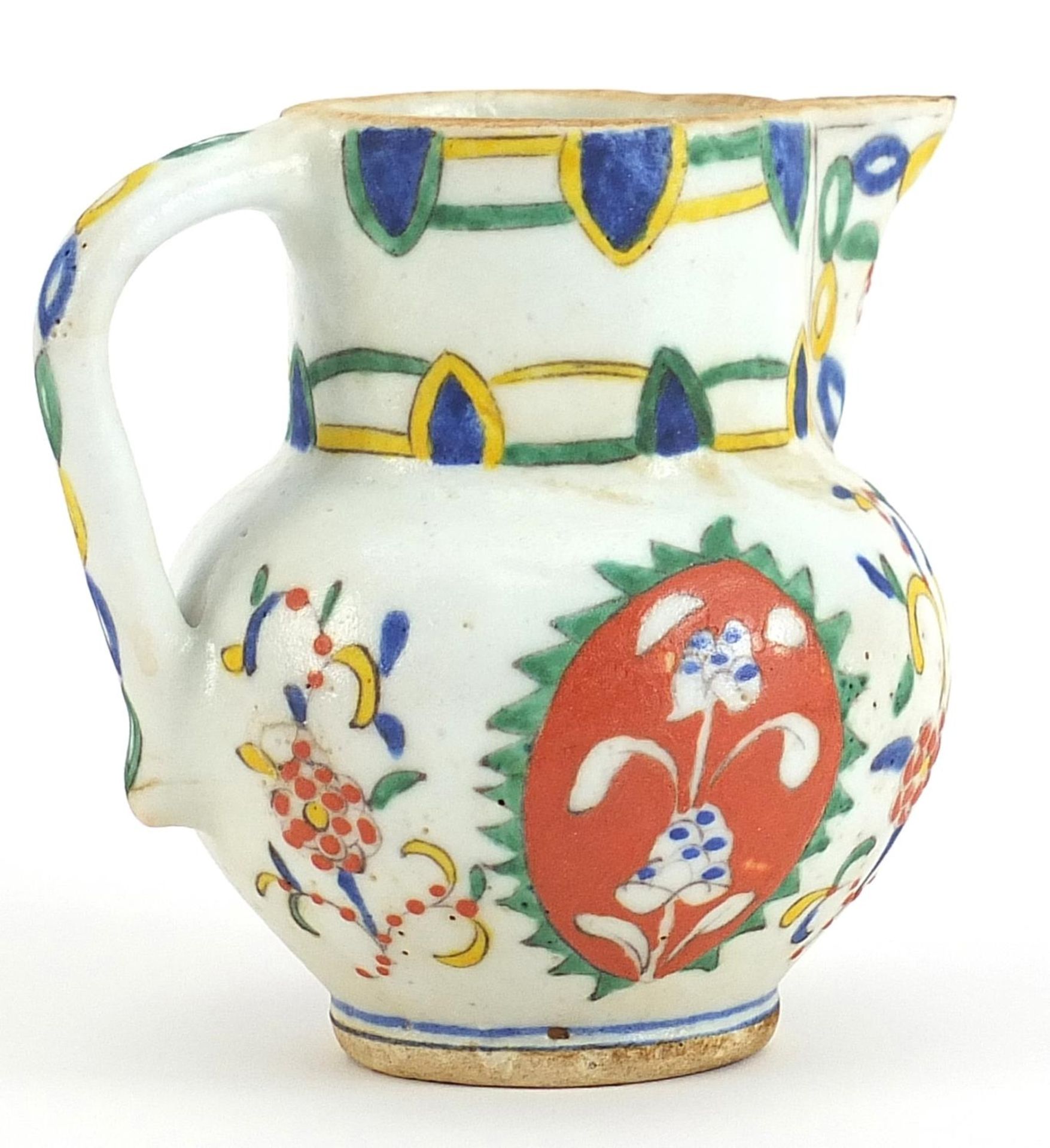 Turkish Kutahya pottery jug hand painted with flowers, 11.5cm high - Image 2 of 3