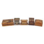 Japanese marquetry boxes including boxes with secret compartments and a painted antimony box with