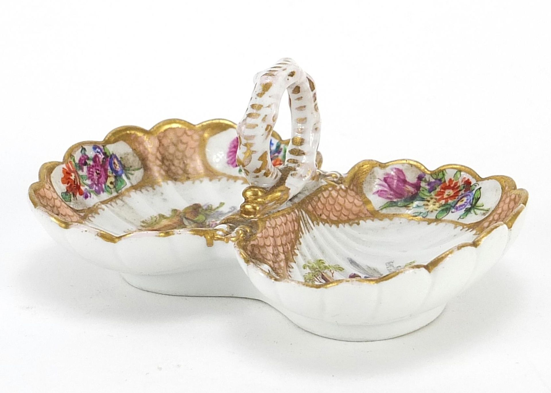 Meissen, German porcelain double shell salt hand painted with lovers and flowers, 10.5cm in length - Bild 3 aus 5