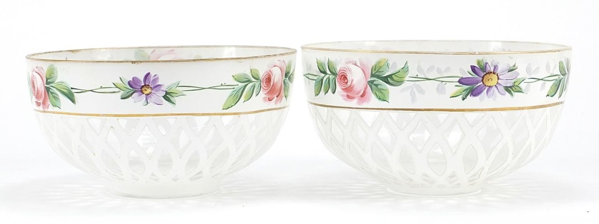Pair of Bohemian white overlaid glass bowls with saucers, hand painted with flowers, each saucer - Image 2 of 4
