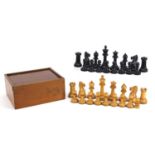 Manner of Jaques, Staunton pattern boxwood and ebonised chess set with mahogany case, the largest