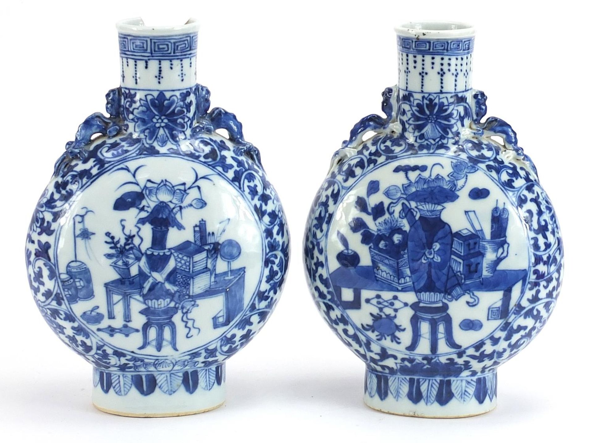 Pair of Chinese blue and white porcelain moon flasks with animalia handles, each hand painted with