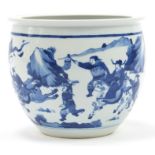 Chinese blue and white porcelain jardiniere hand painted with warriors and emperors on horseback