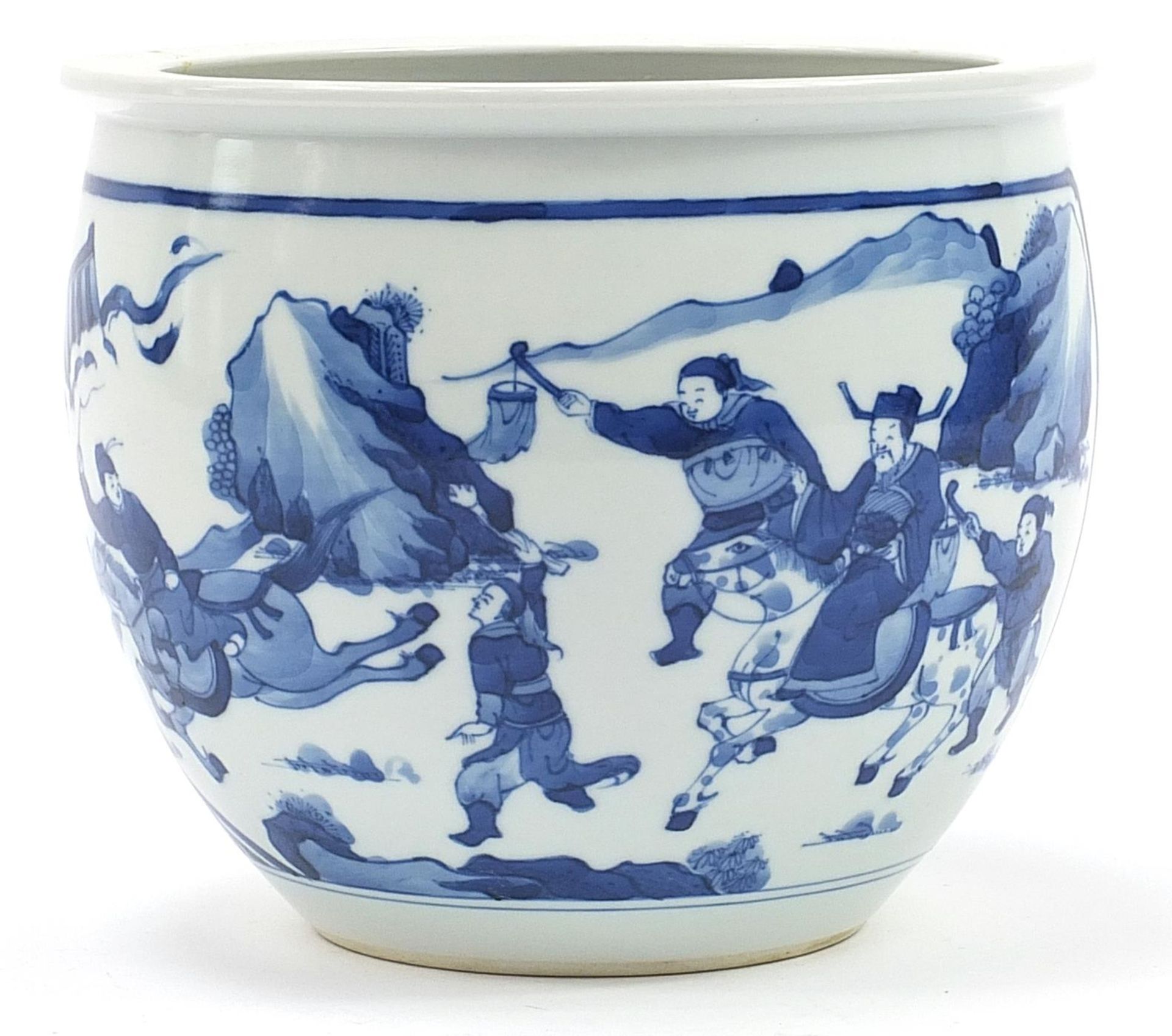 Chinese blue and white porcelain jardiniere hand painted with warriors and emperors on horseback