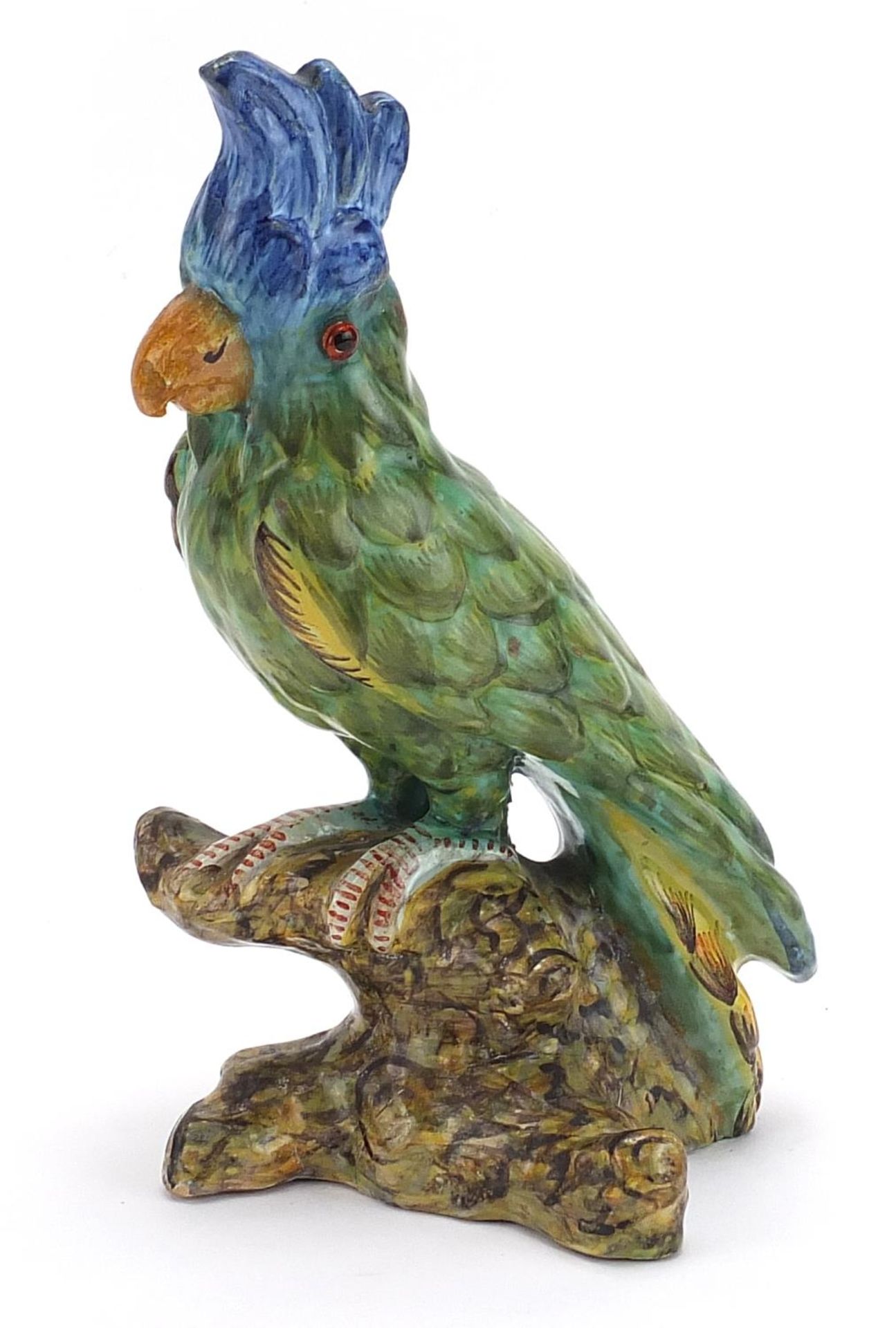 Mosanic, continental pottery parrot with beaded eyes, 26.5cm high