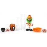 Art glassware including a Murano glass clown, signed clear glass vase and paperweights, the