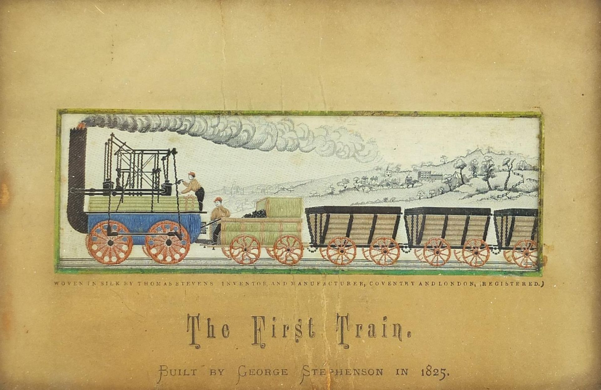 Victorian stephenograph titled The First Train, mounted, framed and glazed, 15cm x 5cm excluding the