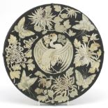 Chinese circular silk roundel embroidered with a phoenix, butterflies and flowers, 29cm in diameter