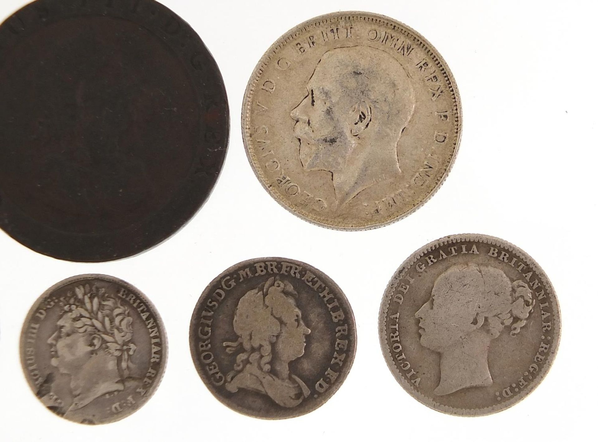 George III and later silver and copper coinage including 1787 shilling and 1723 sixpence, 73.g - Image 6 of 6