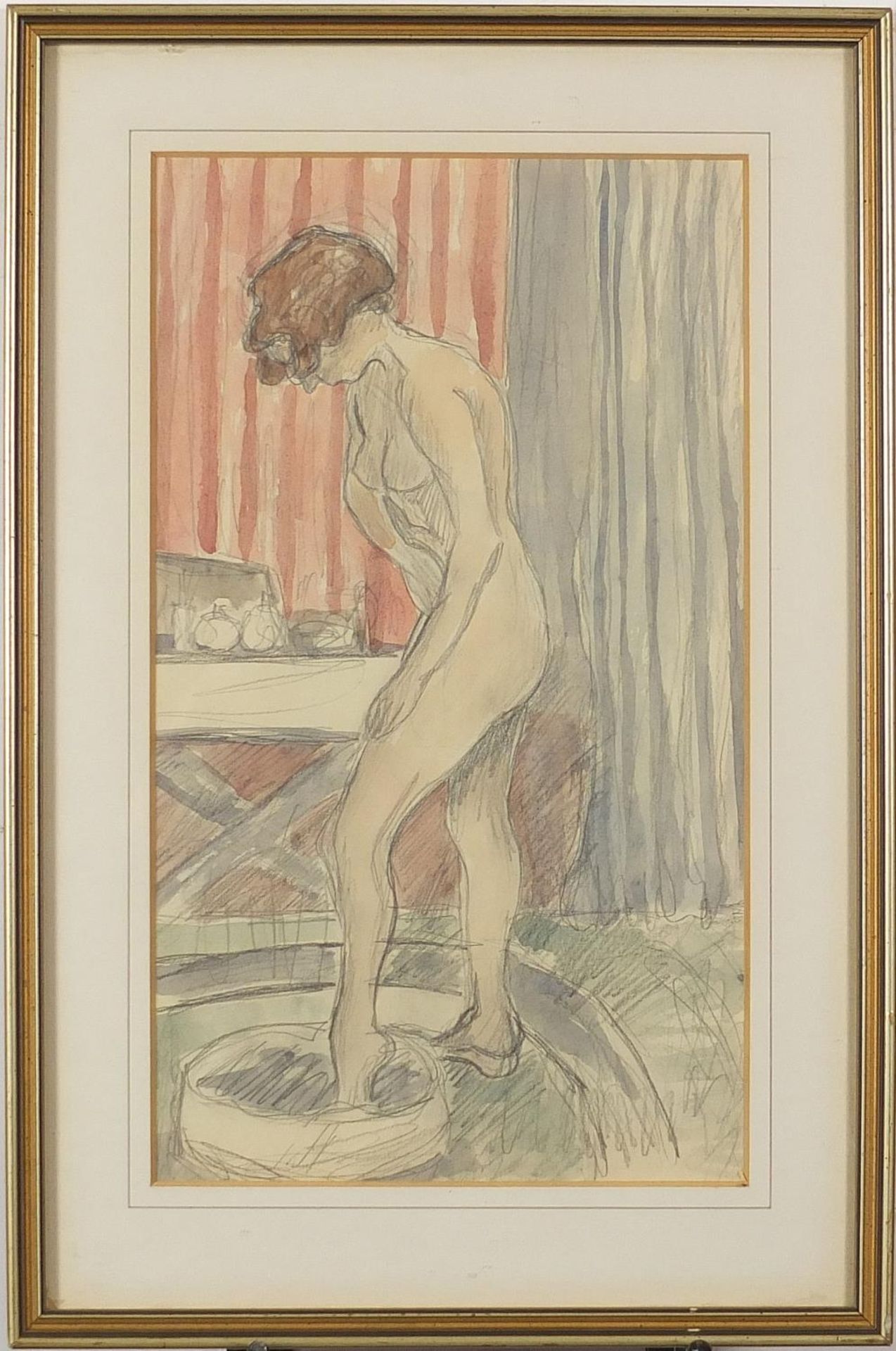 Full length portrait of a nude female bathing, French school watercolour and pencil, mounted, framed - Image 2 of 4
