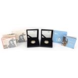 Two silver proof two pound coins commemorating Wedgwood and Samuel Pepys, each with case and box