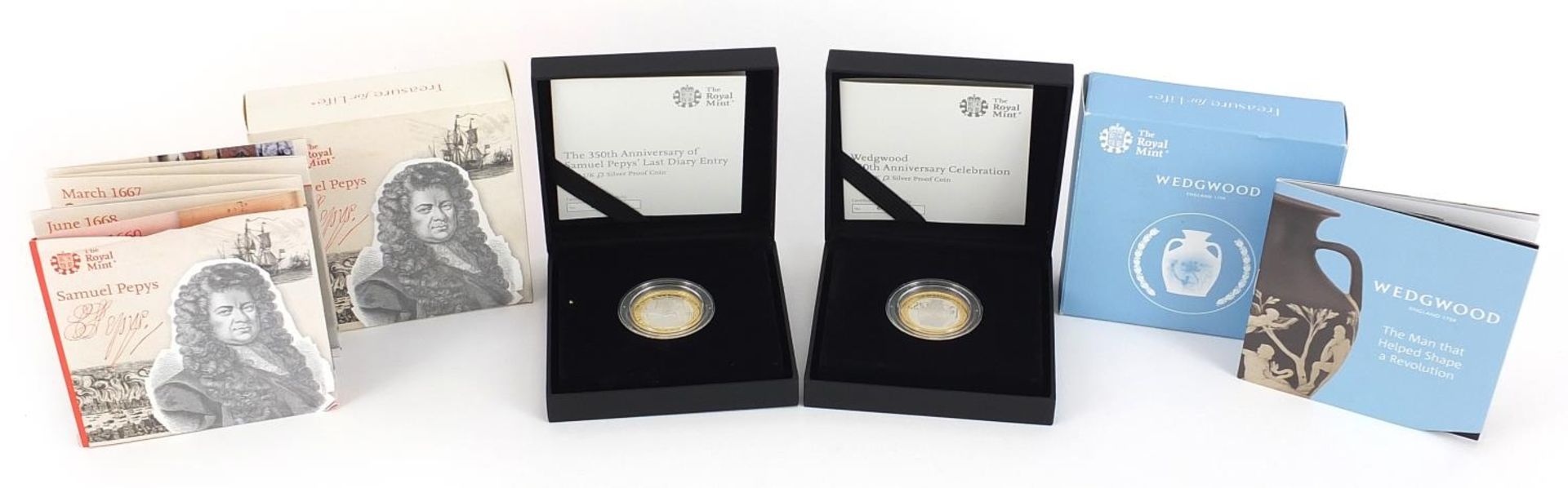 Two silver proof two pound coins commemorating Wedgwood and Samuel Pepys, each with case and box