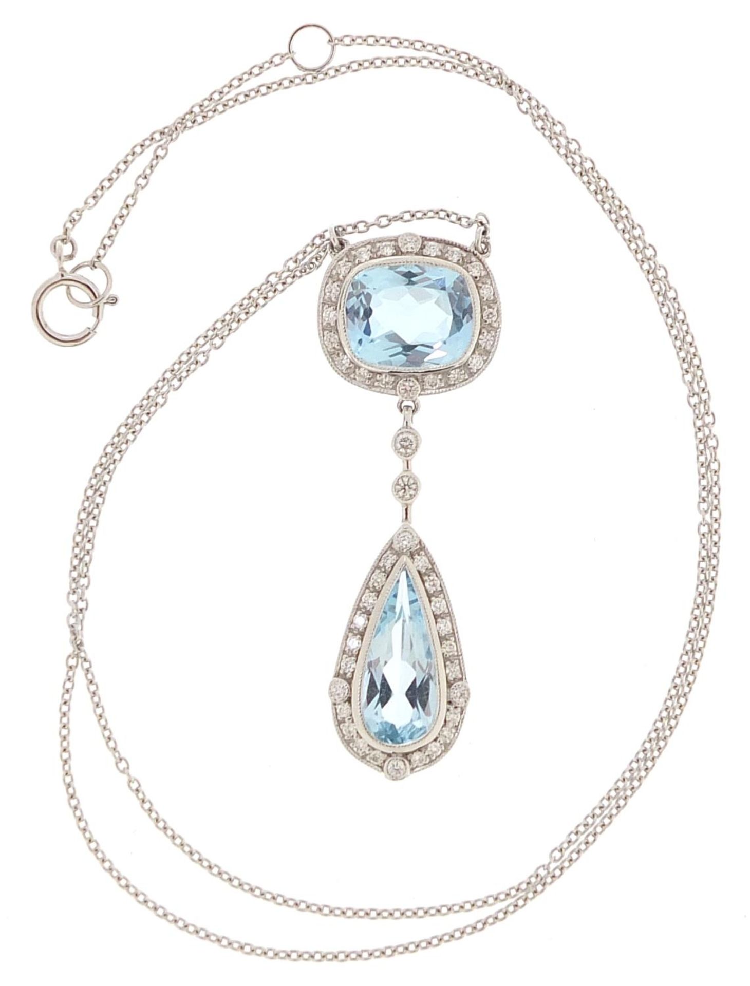 Art Deco style 18ct white gold blue topaz and diamond necklace, total topaz weight approximately 5. - Image 2 of 6
