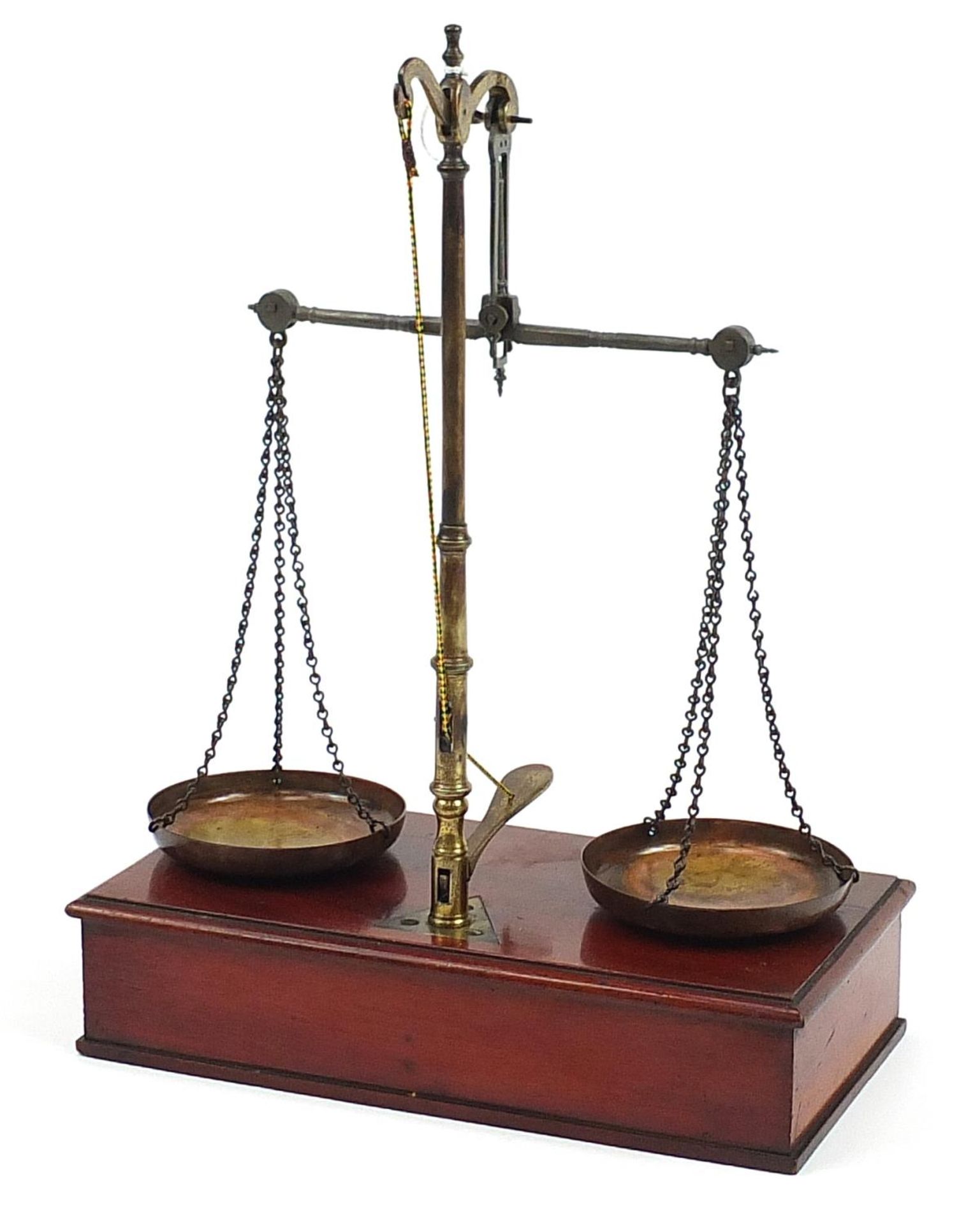 Set of Victorian mahogany and brass postage scales by Fanner & Co of London, 39.5cm high - Image 5 of 5