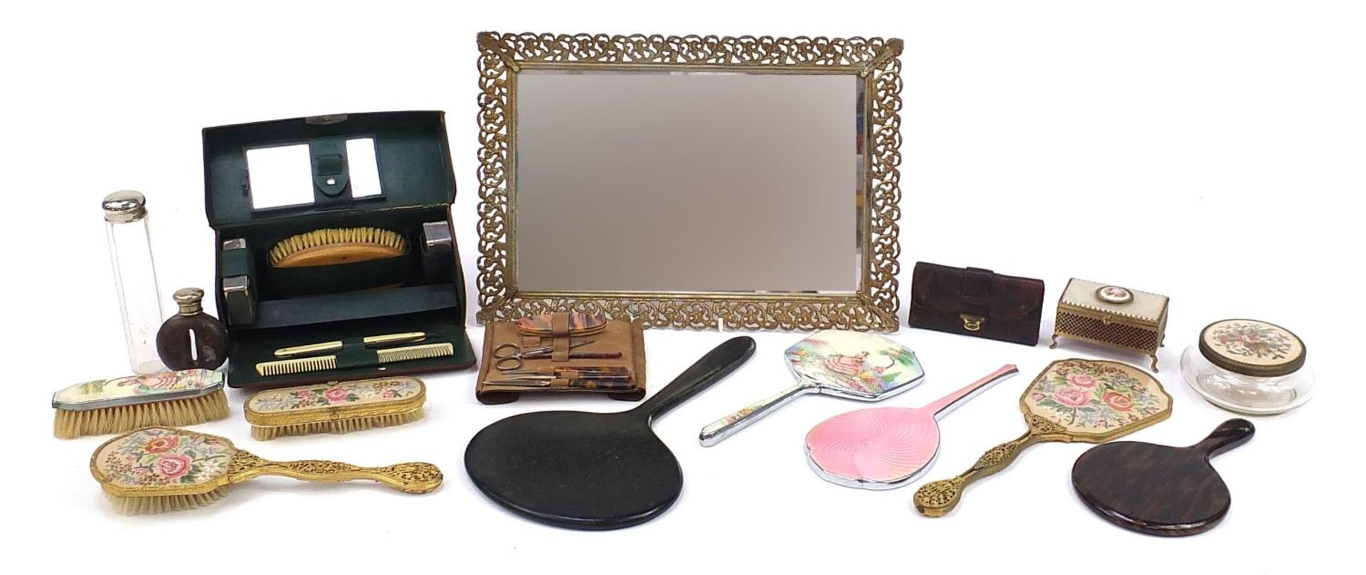 Collection of vintage dressing table objects, travelling vanity case and faux tortoiseshell manicure