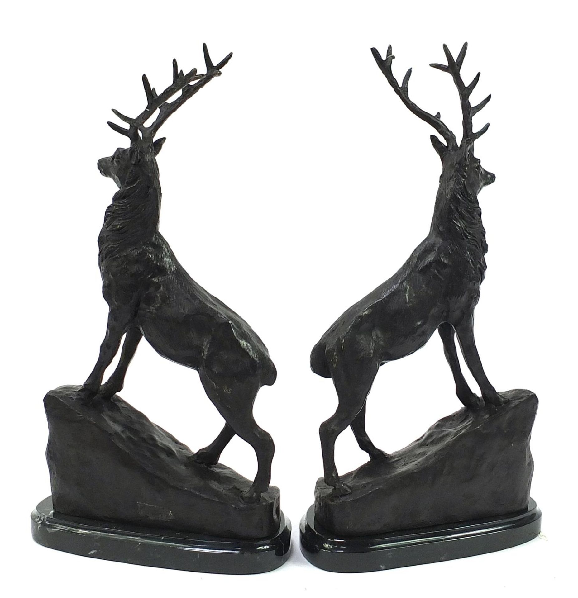 Pair of patinated bronze stags raised on shaped marble bases, each 38.5cm high - Bild 3 aus 4