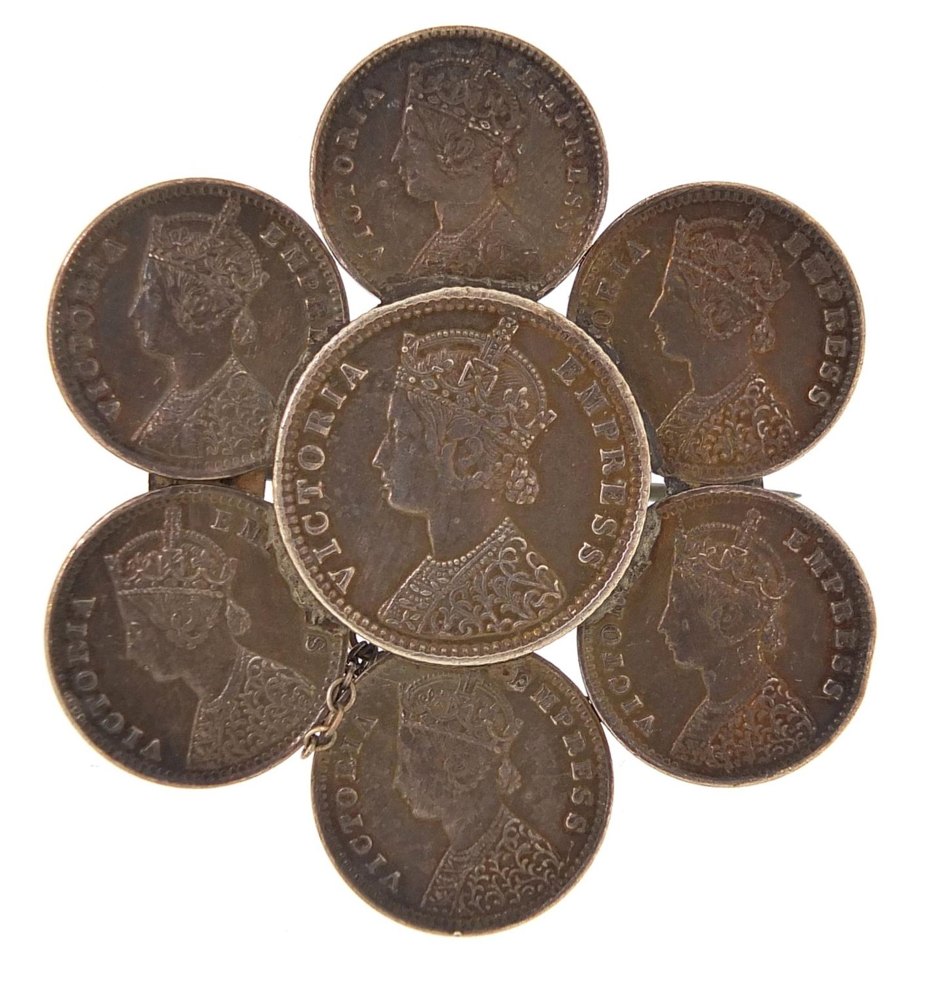 Victoria Empress Indian rupee silver coin brooch, 4.5cm in diameter, 13.1g
