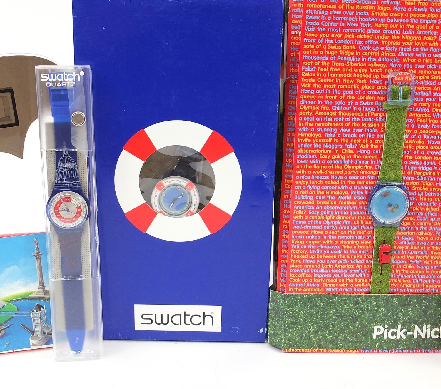 Swatch, six Swatch Collector's Club wristwatches with boxes and cases including The Moon, Batman and - Image 3 of 4