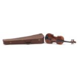 Old wooden violin with protective case, the violin back 14.5 inches in length