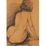 Seated nude female, Italian school charcoal/conte crayon on buff paper, framed and glazed, 61.5cm