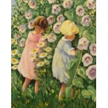 Two young girls picking flowers, Modern British school oil on Masonite, framed, 49.5cm x 39.5cm