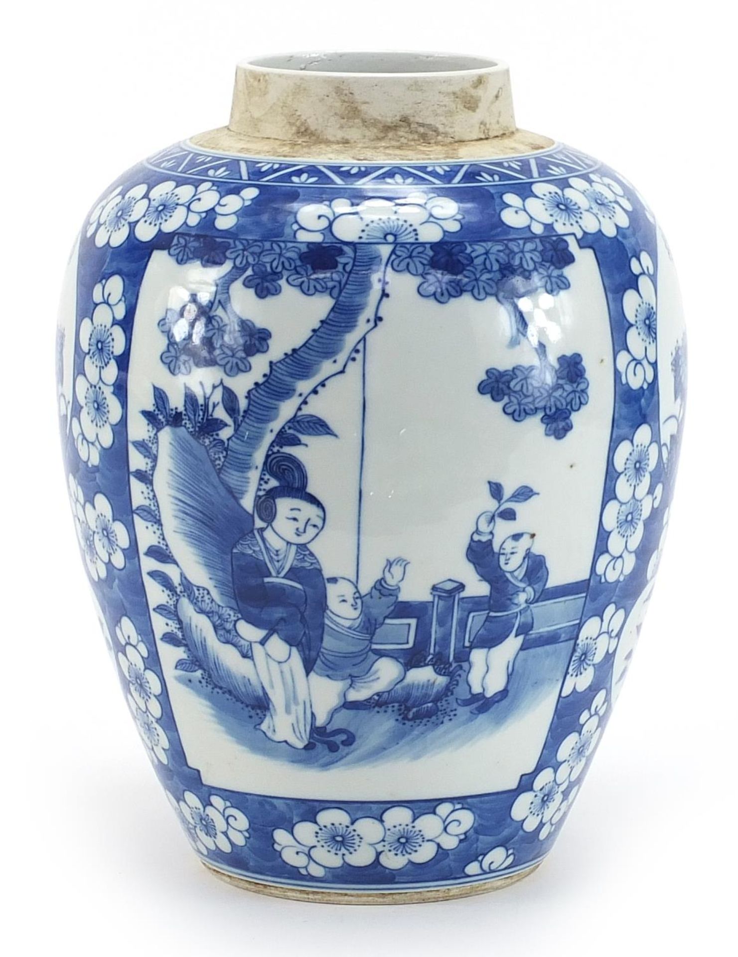 Large Chinese blue and white porcelain ginger jar hand painted with panels of figures and flowers