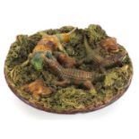 19th century Portuguese Palissy ware dish with applied lizard, crocodiles and toads, 20.5cm in