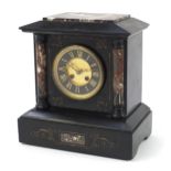 Victorian black slate and marble mantle clock with circular dial having Roman numerals, 30cm high