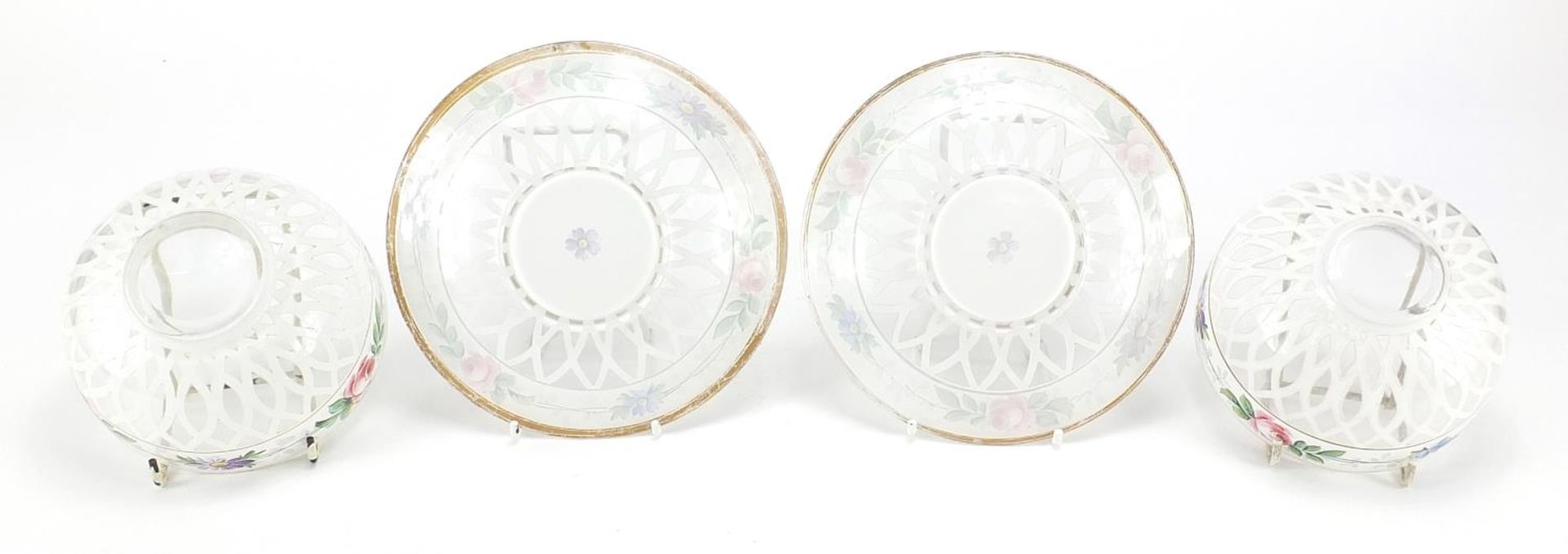 Pair of Bohemian white overlaid glass bowls with saucers, hand painted with flowers, each saucer - Image 3 of 4