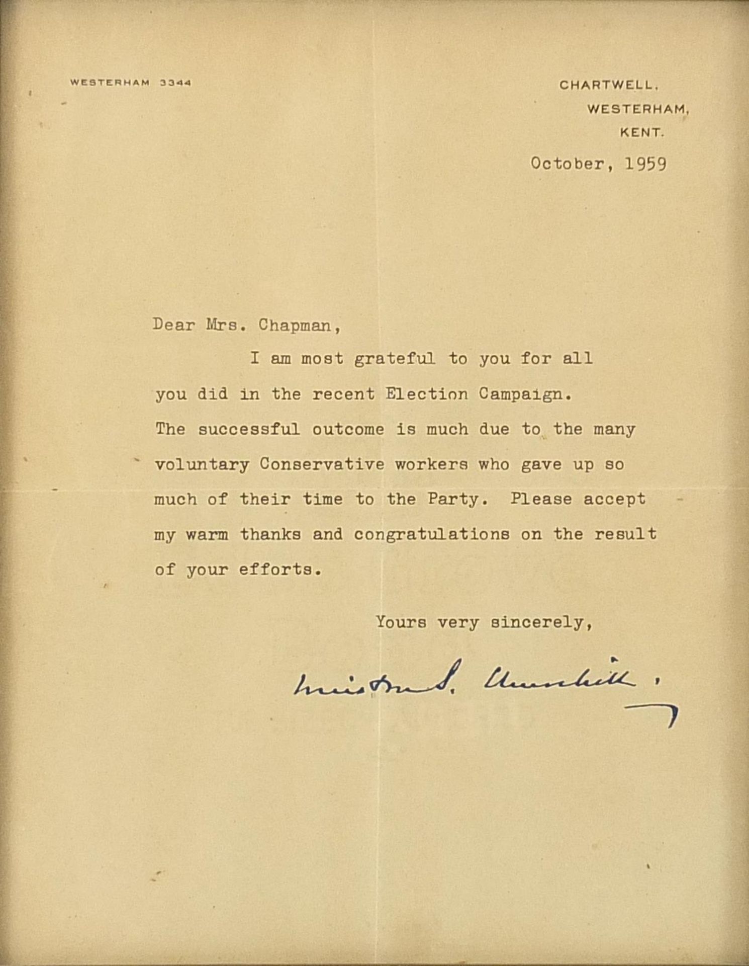 Sir Winston Churchill typed letter to Mrs Chapman, signed in ink by Sir Winston Churchill on