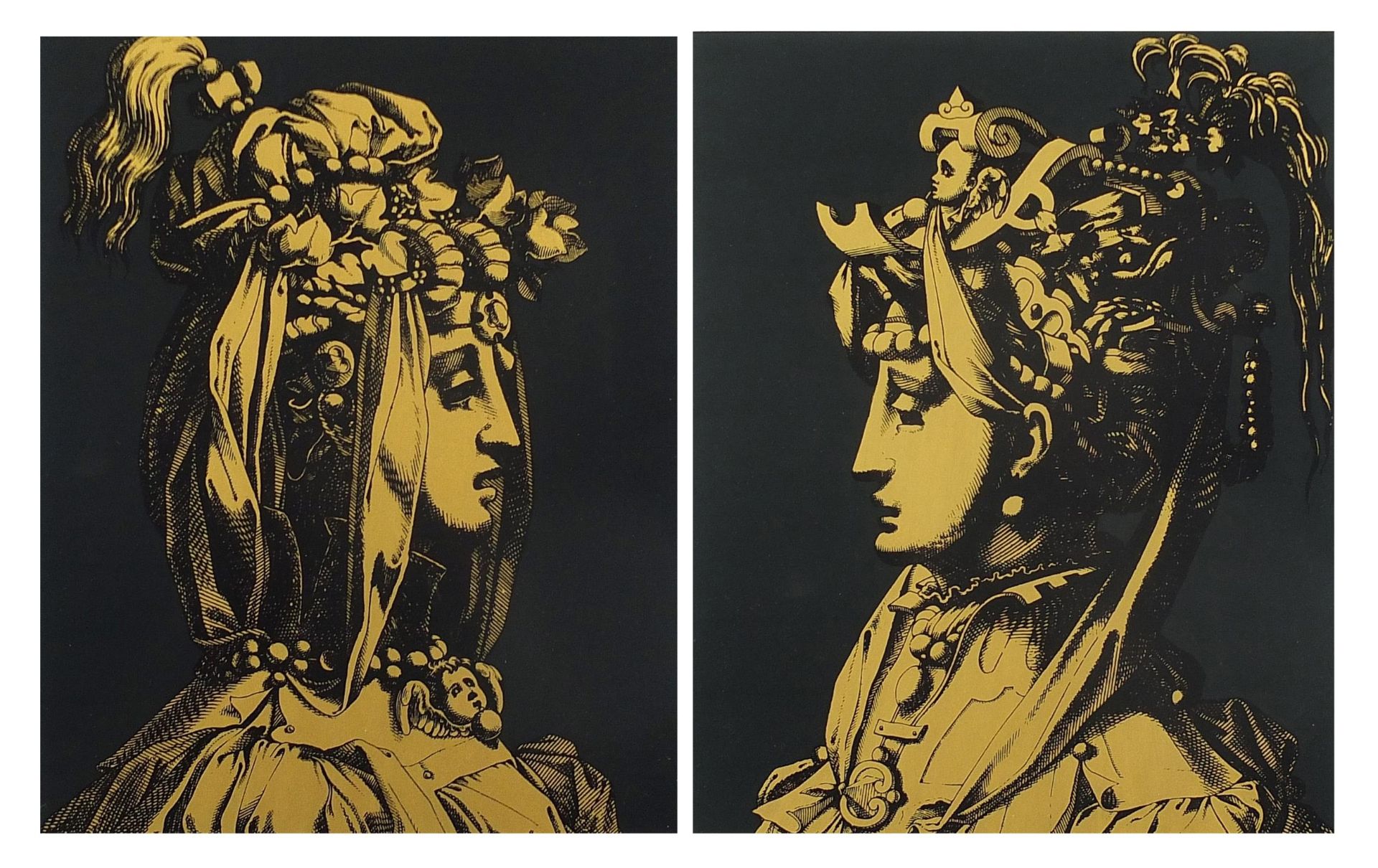 Females wearing headdresses, pair of reverse glass painted panels, each mounted, framed and