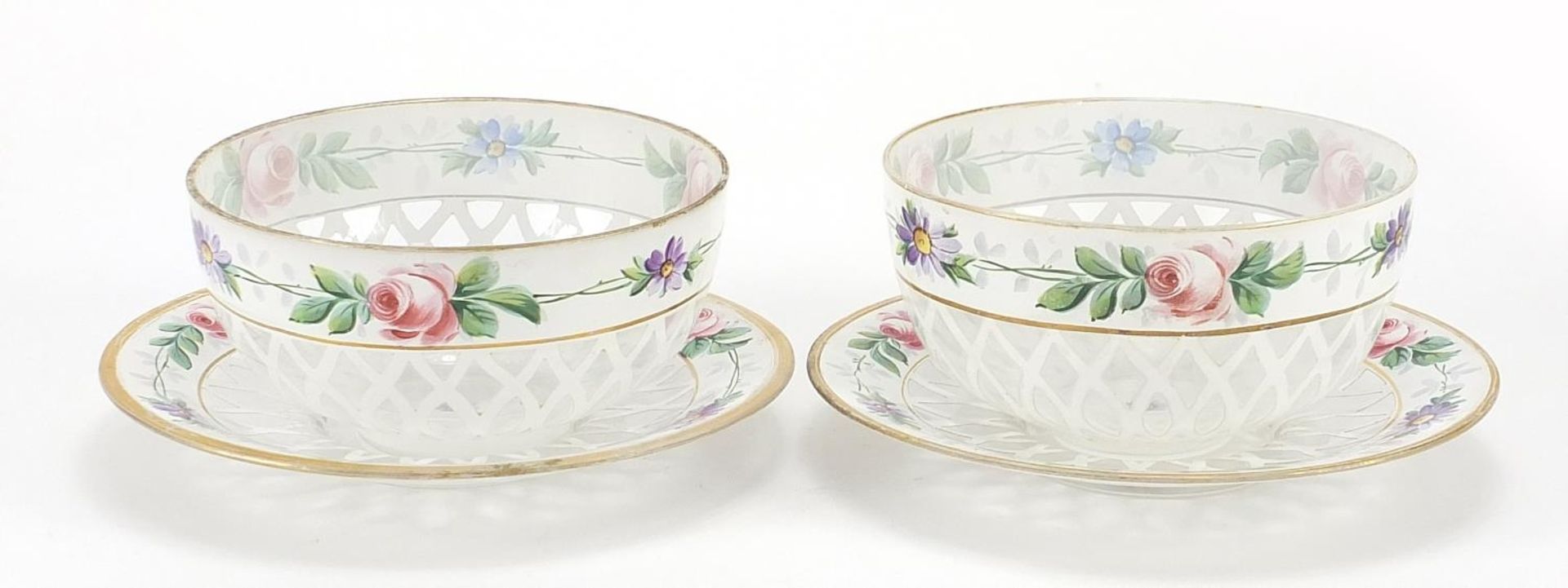 Pair of Bohemian white overlaid glass bowls with saucers, hand painted with flowers, each saucer - Image 4 of 4