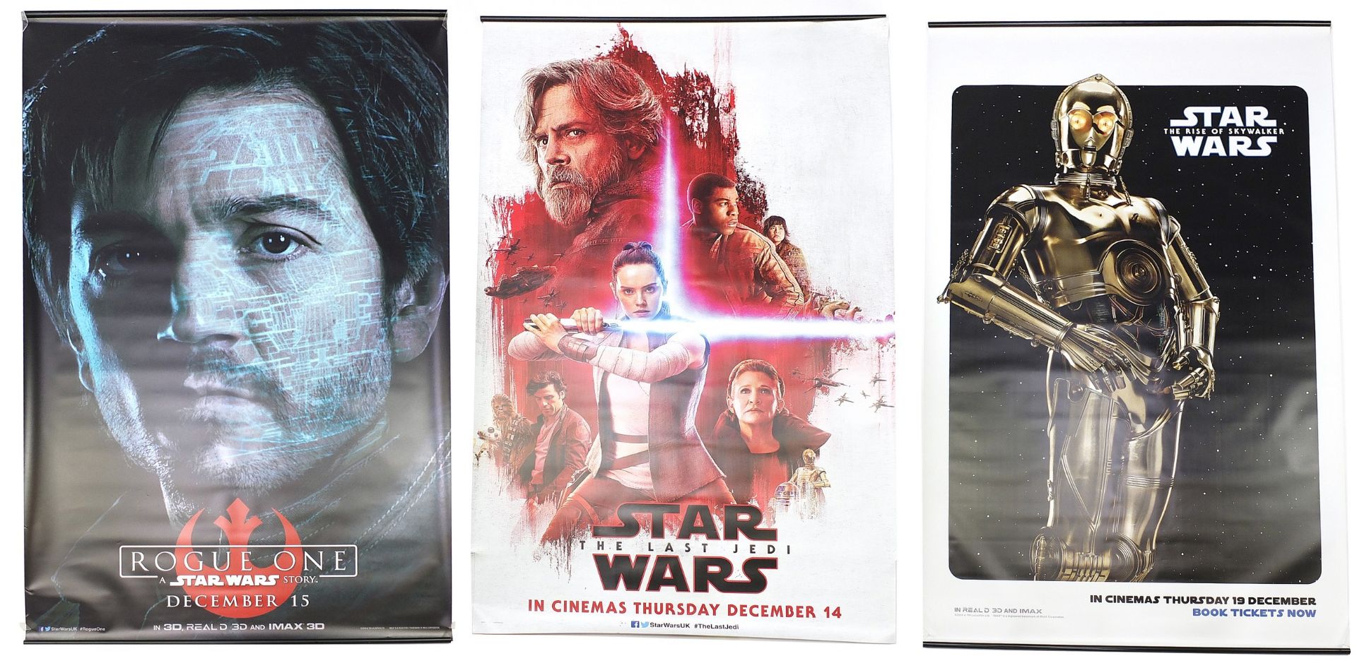 Three large Star Wars cinema film banners, comprising Rise of Skywalker, Rogue One and The Last