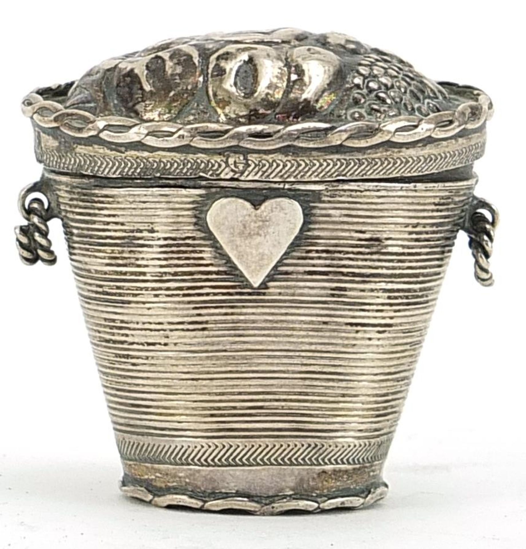 Antique Dutch silver patch box in the form of a basket of fruit, 4cm high, 16.2g