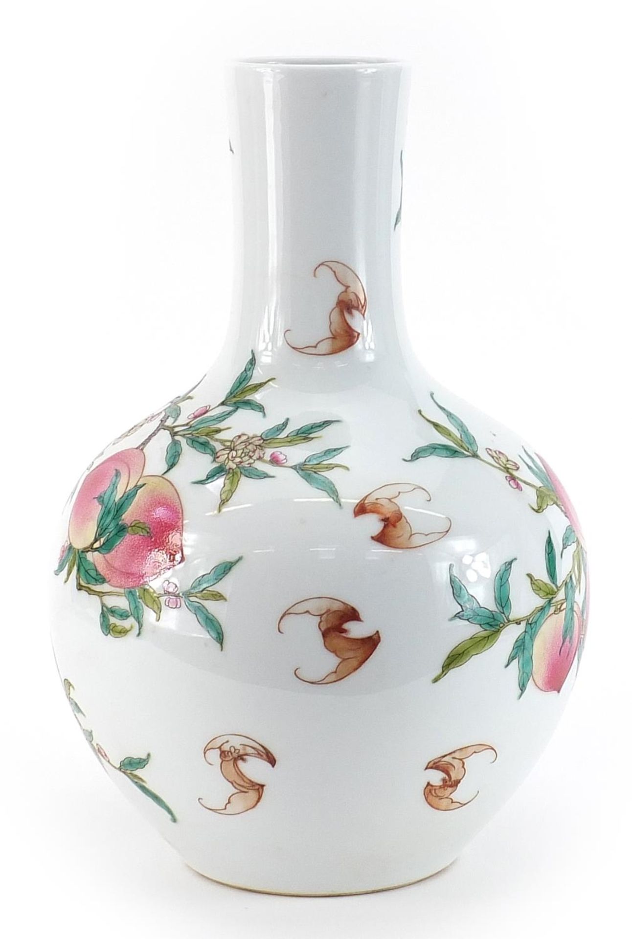 Chinese porcelain vase hand painted with bats amongst peach trees, six figure character marks to the - Image 2 of 3