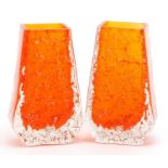 Geoffrey Baxter for Whitefriars, pair of coffin glass vases in tangerine, each 13.5cm high