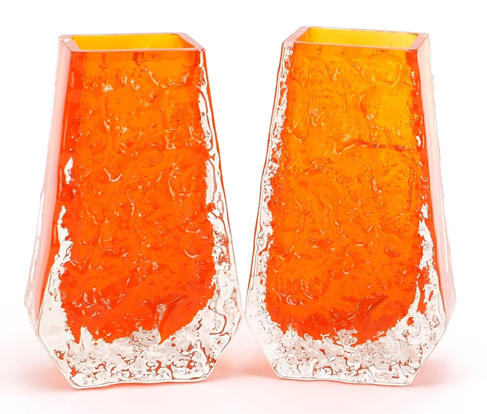 Geoffrey Baxter for Whitefriars, pair of coffin glass vases in tangerine, each 13.5cm high