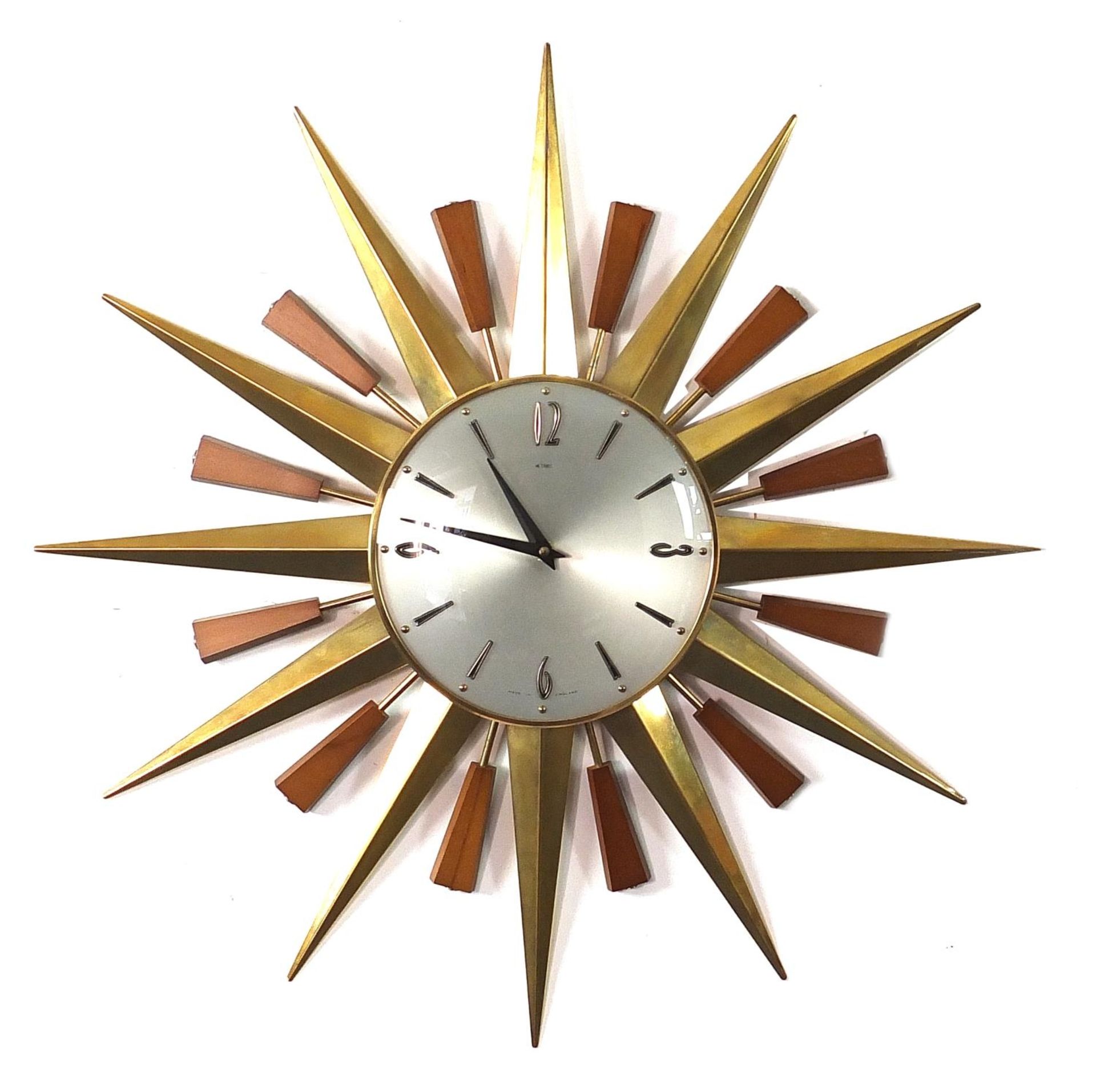 Vintage Metamec teak and brass sunburst design wall clock, 60cm in diameter