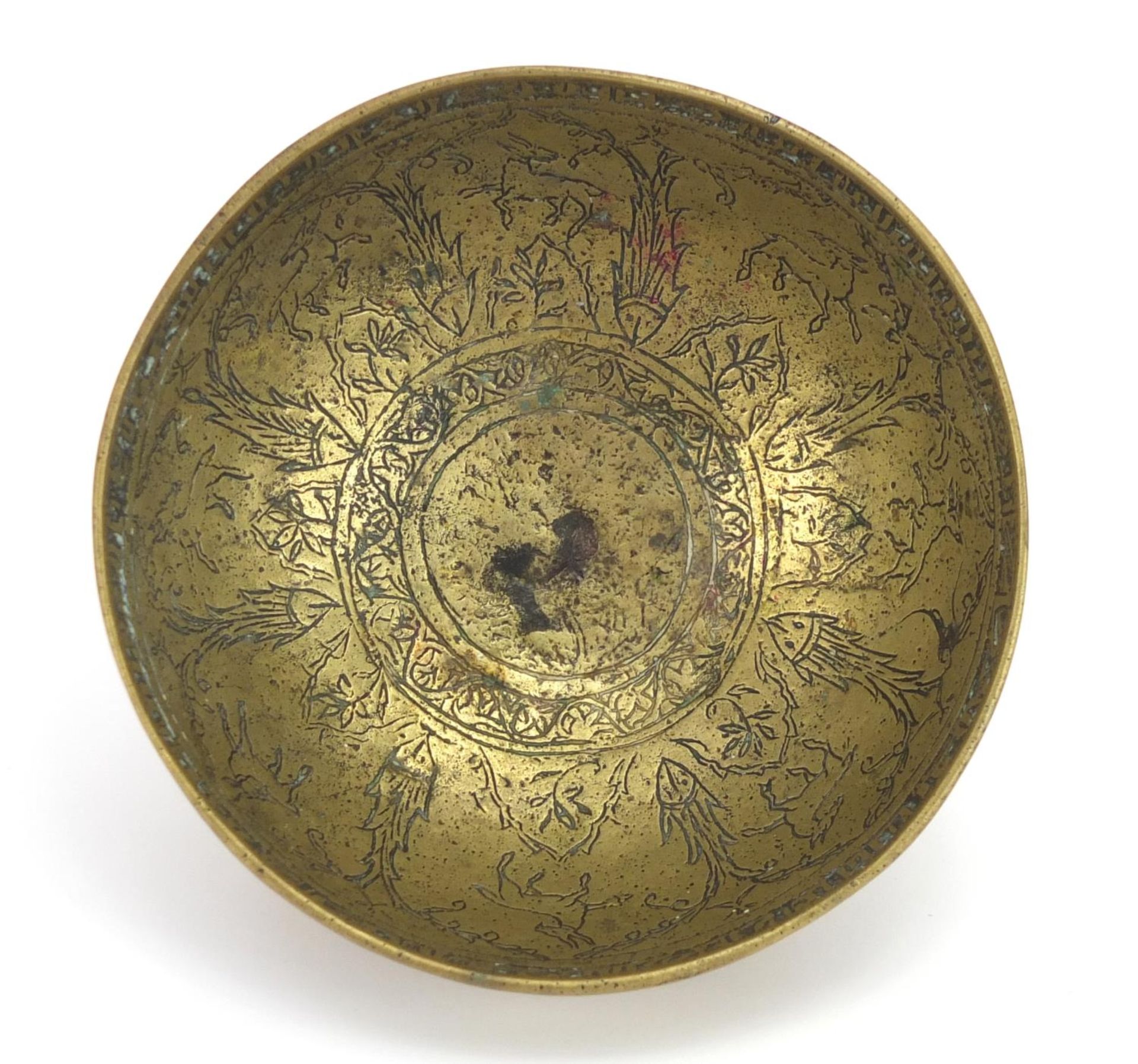 Islamic brass bowl engraved with wild animals and calligraphy, 14cm in diameter - Bild 3 aus 4