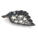 Scandinavian design cast metal leaf dish with white metal inlay, 15cm wide