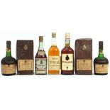 Five bottles of alcohol comprising Harrods VOH whiskey, Fundador brandy, Guy Fillonneau cognac and